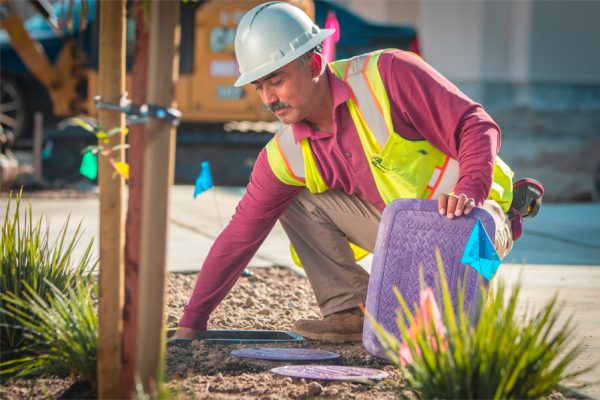 Man with a hardhat and reflective vest checking on a commercial irrigation system.